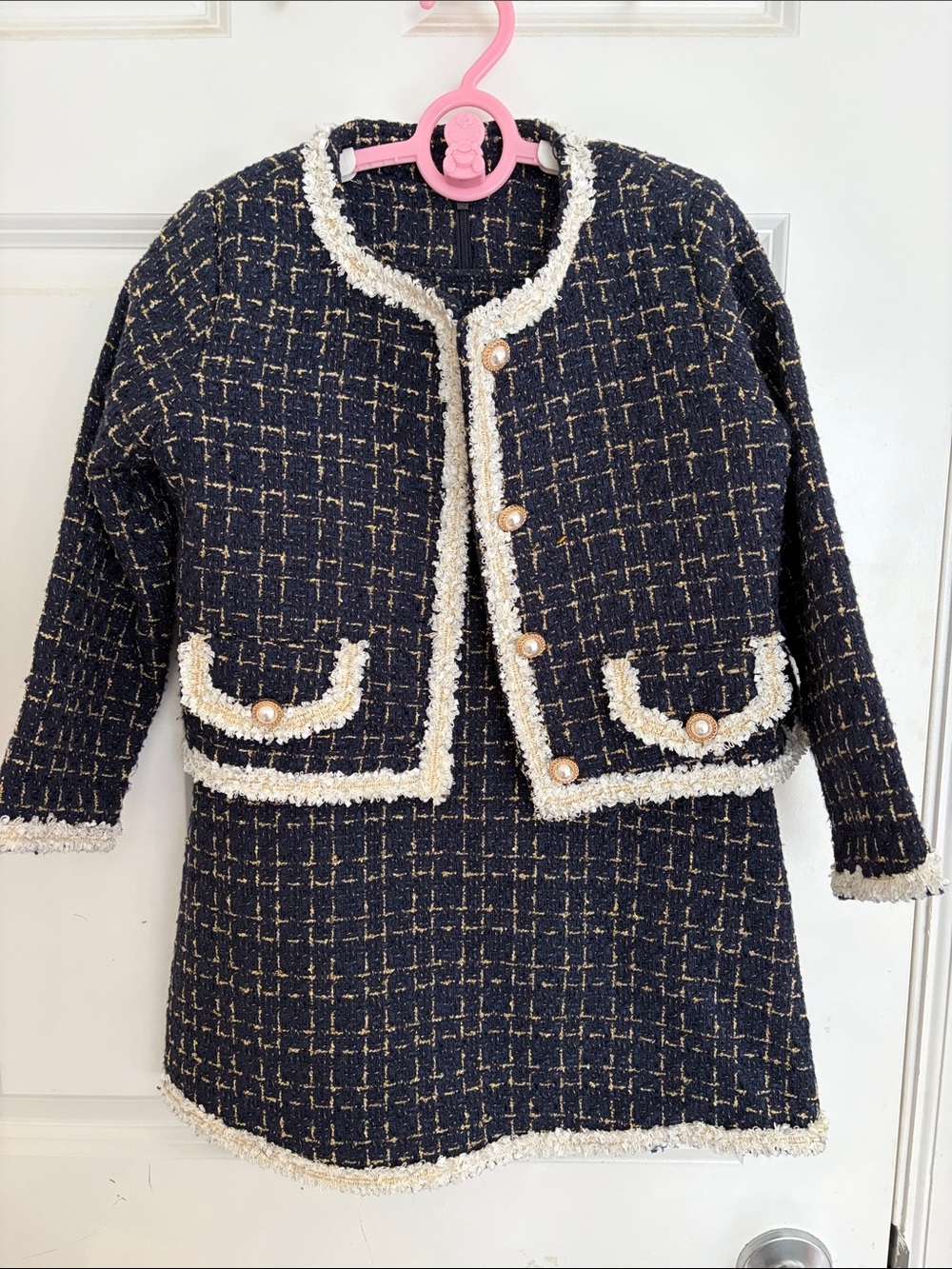 Girls Navy Tweed Jacket & Skirt Set with Cream Trim